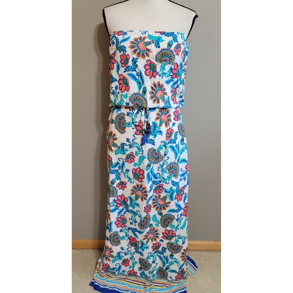 Floral Strapless Maxi Dress - White with Blue & Pink Floral